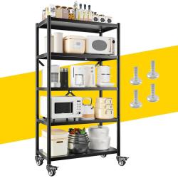 REIBII 5-Tier Adjustable Storage Shelves with Wheels, metal Shelving for Storage 1160LBS Wire Shelving Units Utility Shelf for Kitchen, Pantry, Bathroom, Office Organization, 15.6