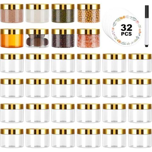 32 Pack 2 oz to 10oz optional Plastic Jars with Gold Lids, Clear Empty Body Butter Containers Travel Size Cosmetic Bottles for Make Up and Food Storage