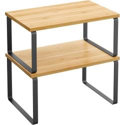 SONGMICS Cabinet Organizer Shelf, Set of 2 Kitchen Counter Shelves, Kitchen Storage, Spice Rack, Stackable, Expandable, Metal and Engineered Wood, Ink Black and Natural Beige UKCS02NB