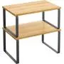 SONGMICS Cabinet Organizer Shelf, Set of 2 Kitchen Counter Shelves, Kitchen Storage, Spice Rack, Stackable, Expandable, Metal and Engineered Wood, Ink Black and Natural Beige UKCS02NB