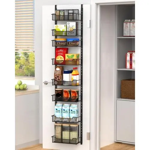 12.3 inches W Narrow Over the Door Pantry Organizer, 8-Tier Over the Door Organizer with Adjustable Basket, Pantry Door Organization for Pantry Kitchen Storage Room Spice Rack, Black