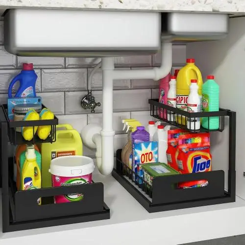 REALINN Unterspüle Organizer, Ausziehbarer Schrank-Organizer, Ablage-Regale für Unterspüle, Stauraum für Küche und Bad, Schwarz, 2er Set