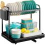 Dish Drying Rack - Stainless Steel Dish Rack for Kitchen Counter, 2-Tier Kitchen Organizers and Storage Rack with Drainboard and Cutlery Holder, Large, Black
