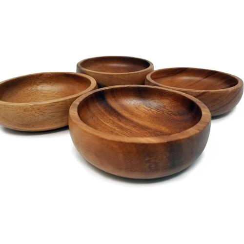 Acacia Wood Hand-Carved Small Bowls Round 4\'\' Set of 4 for Condiments, Sauce, Nuts, Olives, Dips and Food Prep (6oz)