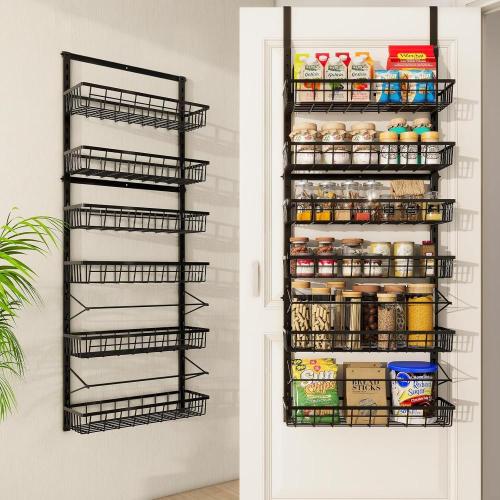 Over The Door Pantry Organizer, Pantry Storage and Organization, 6-Tier Adjustable Hanging Baskets, Metal Wall Mount Spice Rack Seasoning Shelves for Home & Kitchen, Laundry Bathroom - Black Over The Door Pantry Organizer, Pantry Storage and Organization, 6-Tier Adjustable Hanging Baskets, Metal Wall Mount Spice Rack Seasoning Shelves for Home & Kitchen, Laundry Bathroom - Black