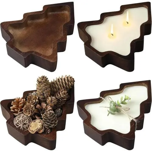 4 Pièces Bol en Bois de Noël, Plateau de Noël, Plateau à Tartines en Bois Rustique, Assiette de Noël, Bol en Paulownia Sculpté à la Main pour Décoration de Bougies, Décoration de Maison, Service de Table