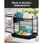 Dish Drying Rack - Stainless Steel Dish Rack for Kitchen Counter, 2-Tier Kitchen Organizers and Storage Rack with Drainboard and Cutlery Holder, Large, Black
