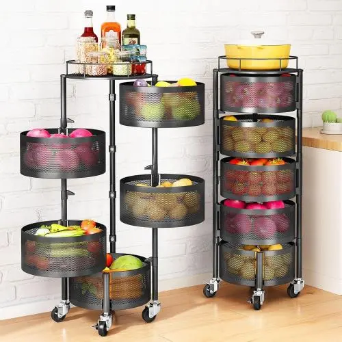 Fruit and Vegetable Basket Bowls for Kitchen with Metal Top Lid, SNTD 5 Tier Rotating Storage Rack Cart for Potato Onion Bread Banana, Wire Basket Organizer on Wheels, Large, Black