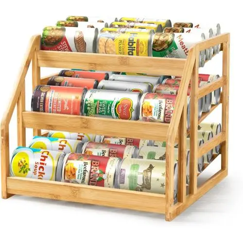 HOMESTEAD Bamboo Pantry Can Organizer, 3-Tier Canned Food Organizer Rack for Storage, Kitchen Cabinet, Can Holders for Pantry Up to 36 Cans