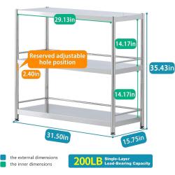 susunnus Stainless Steel Shelves 3 Tier Storage Shelves for Kitchen Garage Shelves Heavy Duty Shelving Metal Shelving Units and Storage Kitchen Industrial Storage Rack(with Guardrails)