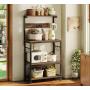SUPERJARE Kitchen Bakers Rack with Power Outlet, Coffee Bar Table 4 Tiers, Kitchen Microwave Stand with 6 S-shaped Hooks, Kitchen Storage Shelf Rack for Spices, Pots and Pans - Rustic Brown