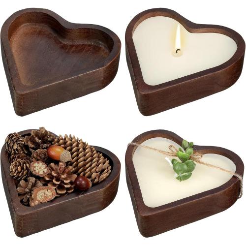 4 Pcs Valentine\'s Day Wooden Candle Bowl Heart Tray Dough Charcuterie Board Rustic Love Heart Sushi Plate Hand Carved Wood Bowl Paulownia Board for DIY Candles Decoration Dining Home