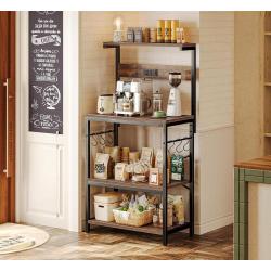 SUPERJARE Kitchen Bakers Rack with Power Outlet, Coffee Bar Table 4 Tiers, Kitchen Microwave Stand with 6 S-shaped Hooks, Kitchen Storage Shelf Rack for Spices, Pots and Pans - Rustic Brown