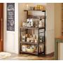 SUPERJARE Kitchen Bakers Rack with Power Outlet, Coffee Bar Table 4 Tiers, Kitchen Microwave Stand with 6 S-shaped Hooks, Kitchen Storage Shelf Rack for Spices, Pots and Pans - Rustic Brown