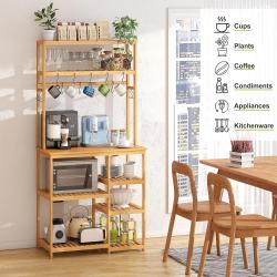 BMOSU Bakers Rack Bamboo for Kitchen with 12 S-Shaped Hooks Coffee Bar Table Kitchen Microwave Stand Open Storage Shelves Kitchen Utility Storage