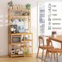 BMOSU Bakers Rack Bamboo for Kitchen with 12 S-Shaped Hooks Coffee Bar Table Kitchen Microwave Stand Open Storage Shelves Kitchen Utility Storage