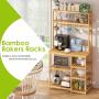 BMOSU Bakers Rack Bamboo for Kitchen with 12 S-Shaped Hooks Coffee Bar Table Kitchen Microwave Stand Open Storage Shelves Kitchen Utility Storage