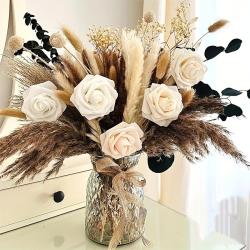 65pcs Artificial Rose Bouquet with Pampas Grass & Baby’s Breath – Elegant White Roses, Beige & Brown Dried Flowers for Home Decor, Wedding Centerpiece, Valentine’s Gift Set, Party Arrangement