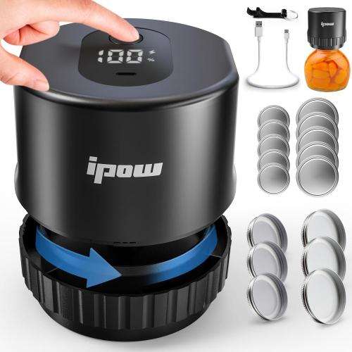 10 Flat Lids, 6 Covers - IPOW Rechargeable Mason Jar Vacuum Sealer Kit for Wide-Mouth & Regular-Mouth Jars with Great Seal