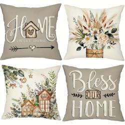 4 PCS Eucalyptus Leaf Throw Pillow Covers - White Gray Farmhouse Style Covers, 45x45 cm/ 18x18 inches, Durable Outdoor/ Indoor Decor, Soft and Stylish, No Pillow Fillers - Suitable for Sofa and Chair Decoration