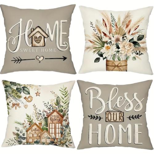 4 PCS Eucalyptus Leaf Throw Pillow Covers - White Gray Farmhouse Style Covers, 45x45 cm/ 18x18 inches, Durable Outdoor/ Indoor Decor, Soft and Stylish, No Pillow Fillers - Suitable for Sofa and Chair Decoration
