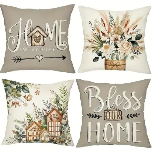 4 PCS Eucalyptus Leaf Throw Pillow Covers - White Gray Farmhouse Style Covers, 45x45 cm/ 18x18 inches, Durable Outdoor/ Indoor Decor, Soft and Stylish, No Pillow Fillers - Suitable for Sofa and Chair Decoration
