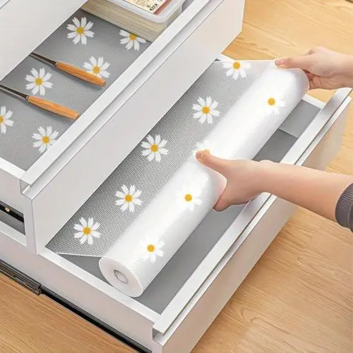 [Waterproof Shelf Liner] Waterproof, Non-Slip 1 Roll Floral PVC Shelf & Drawer Liner - Dust-Proof, Moisture-Proof Kitchen Cabinet Mat with Daisy Pattern - Kitchen Organizers And Storage, Decorative Liner for Home Organization, Fridge and Table Pad