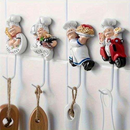 [Contemporary Resin Chef Decor] 4pcs French Chef Figurine Wall Decor Hooks Set, Contemporary Style Resin Chef Wall Hooks, Easy Install Adhesive Wall Mount Utility Hooks for Home, Kitchen, Garden, Garage Organization