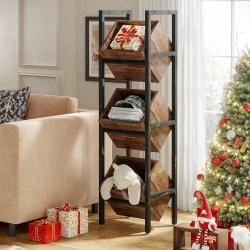 [Rustic Wood Basket Stand] 3-Tier Rustic Wood Basket Stand - Sturdy Black Metal Frame Storage Tower - Versatile for Kitchen, Bathroom, Living Room