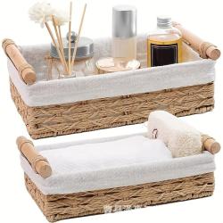2pcs Vintage Rattan Shelf Baskets Set, Multipurpose Decorative Storage Bins with Liners and Handles, Ideal for Bathroom, Home Decor, and Spa Organization