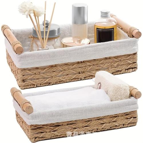 2pcs Vintage Rattan Shelf Baskets Set, Multipurpose Decorative Storage Bins with Liners and Handles, Ideal for Bathroom, Home Decor, and Spa Organization