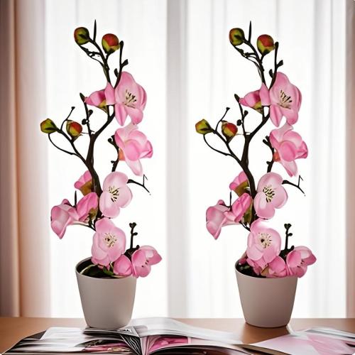 2pcs Artificial Plum Blossom Branches in Pots, Plastic Fake Flowers, Versatile Decoration for Home, Office, Tabletop, with No Battery Required, for Christmas, Halloween, Thanksgiving, Valentine's, Mother'S Day