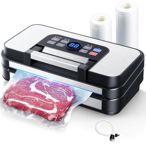 Beelicious 95000 Pa Edelstahl Vakuumiergerät – 10-in-1 Food Saver mit Dualen Heißsiegeln, Dualen Pumpen & Integrierter Säge, Easy-Lock Griff für Fleisch, Gemüse, Resteverpackung – Energieeffiziente Küchenmaschine, Lebensmittelvakuumiergerät