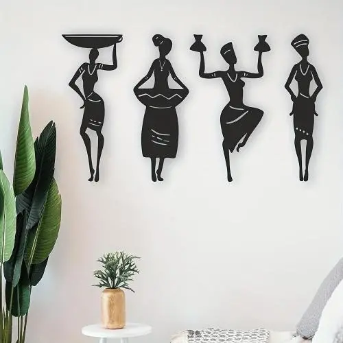 4-teiliges Set Exquisite afrikanische Frauen Silhouetten Metall Wanddekoration – Elegante weibliche Figuren mit filigranen Details für Wohnzimmer und Küche – Bringen Sie einen Hauch von Eleganz in Ihr Zuhause.