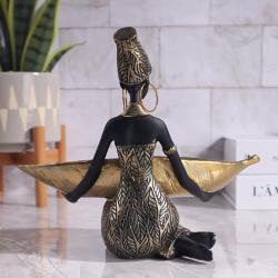 [African | Elegant] Golden-Leaf Elegant African Figurine Resin Tray Decor | Cultural Artwork, Handcrafted Look, Ideal for Home or Office Desktop | Versatile Indoor/Outdoor Use, Decorative Tray