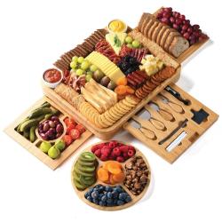 Bamboo Cheese Board Set – Extra-Large Cheese and Meat board and Knife Set – Best Breakfast Charcuterie Wooden Board Set for Holiday Gift, Housewarming Gifts, Wedding Gift – Housewares Goods