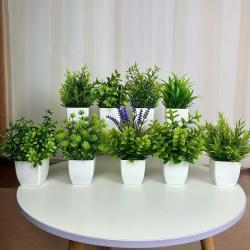 [9 Artificial Potted Plants Decor] Set Of 9 Artificial Potted Plants, Mini White Plastic Flower Pots For Decoration, Faux Green Plants For Home, Office, Bathroom, Bookshelf, And Desk Indoor Decoration, Spring Summer Decor