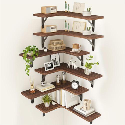 6pcs Dark Carbonized Black Corner Floating Shelves - Wall Mounted, Space-Saving, Ideal for Bathroom & Kitchen Organization, Valentine's Day Decor