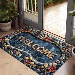 Welcome Stone Design Door Mat - Non-Slip, Easy Clean, Stain Resistant, Machine Washable Flannel Rug for Living Room, Bedroom, Kitchen, Office & Vacation Home Decor-18*30 Inch