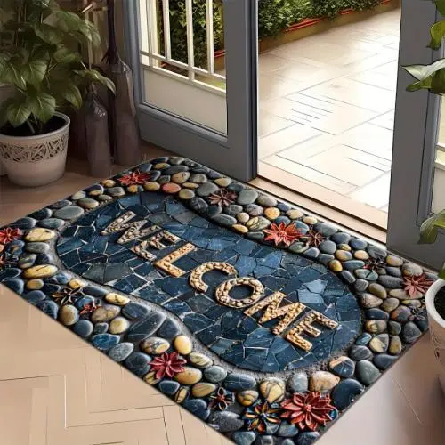 Welcome Stone Design Door Mat - Non-Slip, Easy Clean, Stain Resistant, Machine Washable Flannel Rug for Living Room, Bedroom, Kitchen, Office & Vacation Home Decor-18*30 Inch