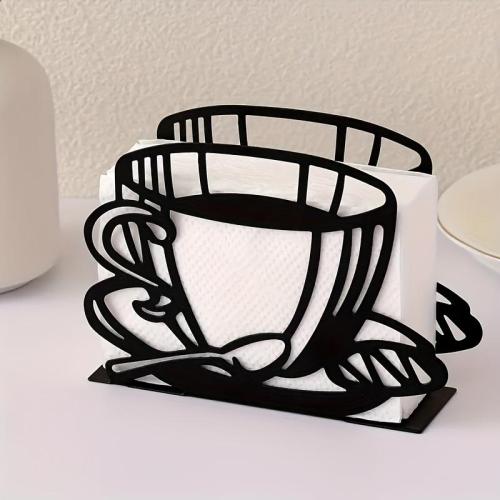 Elegant Black Iron Napkin Holder - Coffee Cup Design, Vertical Tabletop Paper Towel Clip for Home, Hotel & Cafe Decor