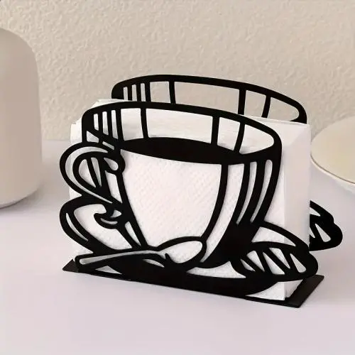 Elegant Black Iron Napkin Holder - Coffee Cup Design, Vertical Tabletop Paper Towel Clip for Home, Hotel & Cafe Decor