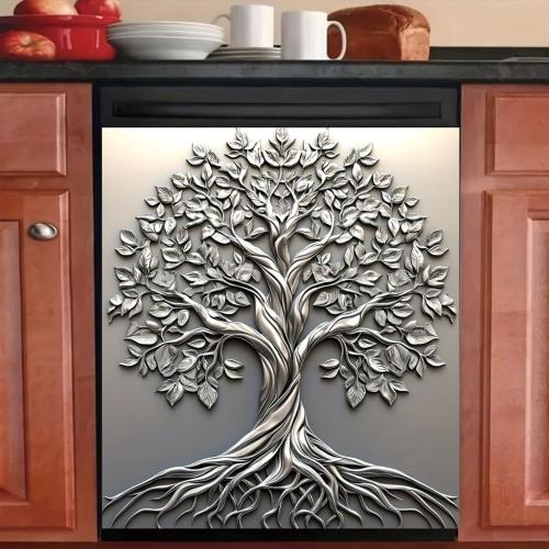 [Magnetic | Tree of Life] 1pc Magnetic Dishwasher Door Cover | Tree of Life Printed Theme Vinyl Art Print, Easy to Apply & Clean | Indoor Rectangular Dishwasher Trim, Kitchen Decor, 23.03 x 25.59 inches