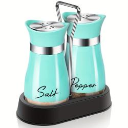 [Turquoise Salt Shakers] Turquoise 4oz Teal Salt And Pepper Shakers Set with Holder, Refillable Design, Farmhouse Gadgets Table Housewarming Gift Christmas Decor And Accessories Kitchen Decor