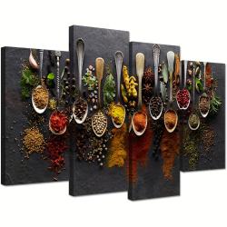 [Vintage Kitchen Canvas Art] 4 Pieces Vintage Canvas Wall Art - Kitchen Pictures Wall Decor - Couful Spice in Spoon Food Photos Painting On Canvas