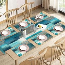 [Teal Gray Painting Art Table Runner] 1 Table Runner and 6 Placemats Set - Abstract Teal and Gray Painting Art Farmhouse Table Decoration - 72 Inches Long for Everyday Use