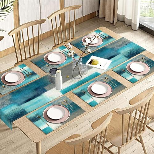 [Teal Gray Painting Art Table Runner] 1 Table Runner and 6 Placemats Set - Abstract Teal and Gray Painting Art Farmhouse Table Decoration - 72 Inches Long for Everyday Use