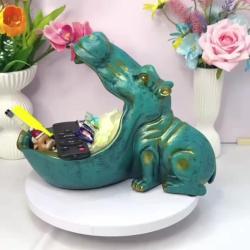 Whimsical Resin Hippo Statue with Golden Tongue Out - Multicolored Candy Dish & Key Bowl, Durable ABS Material, Ideal for Home Decor & Tabletop Art, Perfect for Storing Trinkets