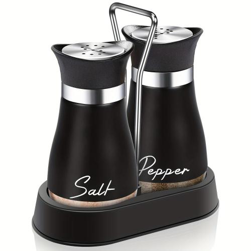 4 Oz Black Salt And Pepper Shakers Set With Holder, Refillable Design For Restaurant, Wedding, Housewarming Gifts, Kitchen Accessories And Decor