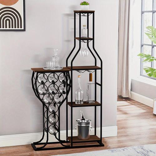 1pc 11 Bottle Wine Bakers Rack, 5 Tier Freestanding Wine Rack With Hanging Wine Glass Holder And Storage Shelves, Wine Storage Home Bar For Liquor And Wine Storagefor Kitchen, Dining Room, Valentine Home Decor Gifts, Utility Racks